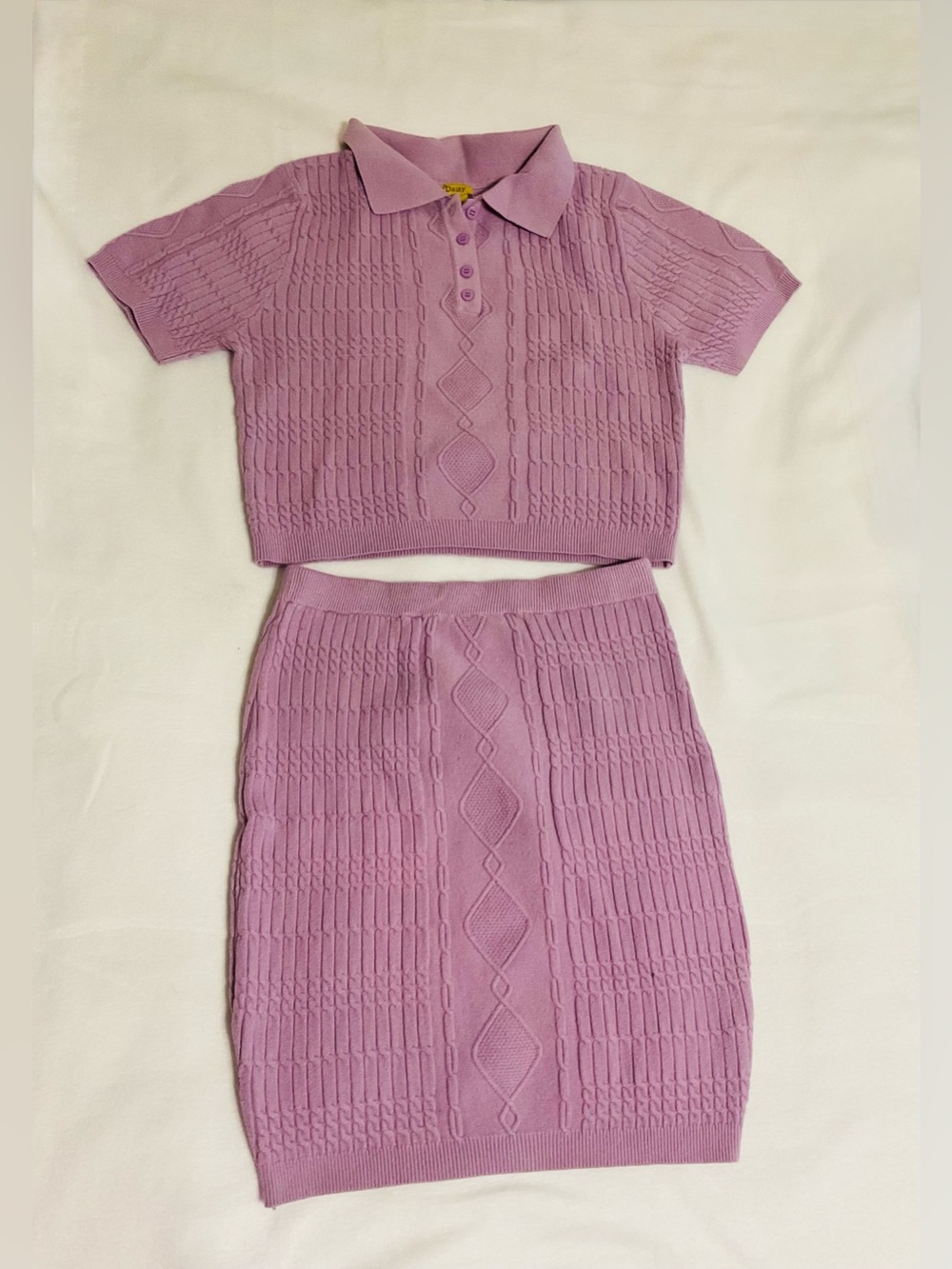 Daisy  very light Lilac  Knit Polo Crop Top & Matching mini Skirt Set, Sz XL